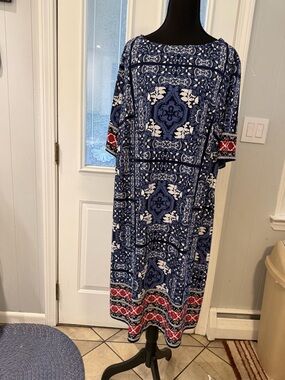 Westport Navy and White Patterned Maxi Dress with Red Trim